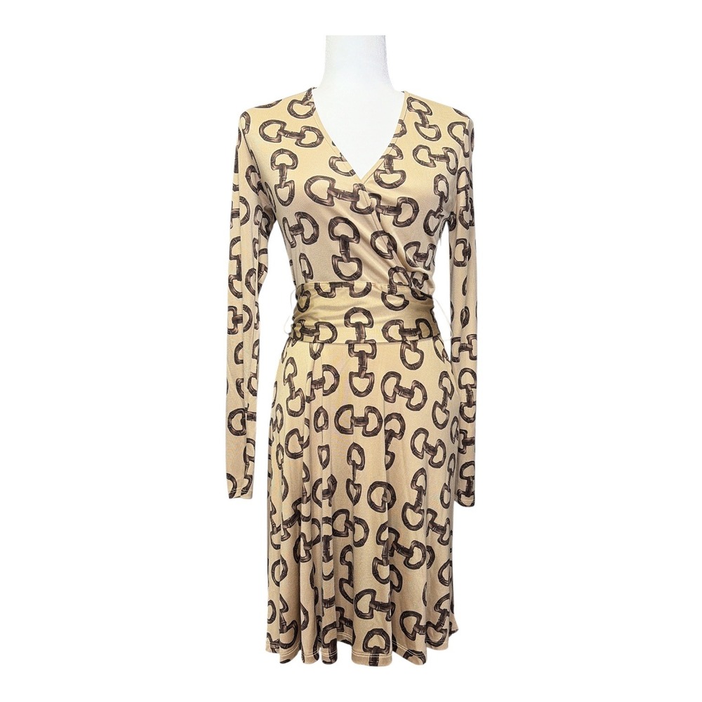 Chetta B Horsebit Chain Print Wrap Dress Tan Brown Long Sleeve Midi Womens 8